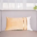 Detail view of modern velvet throw pillow cover with dual gold strips and two-tone spliced design. - Double Row Gold Bars 30*50 (Insert Not Included) / Gold Khaki