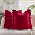 Fodera per cuscino in velluto rosso con elegante bordo smerlato bianco per divano casa. - 30x50cm Senza Anima / Bordo a mezzaluna rossa