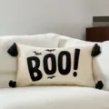 Halloween decorative throw pillow cover with black bat embroidery and tassels for home sofa. - Black BOO