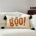Halloween throw pillow cover cream cotton black bat embroidery orange BOO lettering fringe - Orange BOO