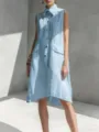 Detail shot of a casual sleeveless cotton shirt dress featuring a classic collar and front buttons. - S / Sky Blue