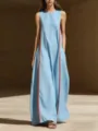 Detailed view of the women linen sleeveless loose maxi dress with stylish side contrast stripes. - M / Dresses / Sky Blue