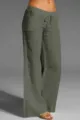 Linen drawstring wide-leg pants detail, casual army green trousers for daily wear and comfort. - S / Bottoms / Green