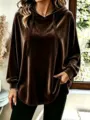 Brown velvet hoodie for women, loose casual long sleeve pullover with drawstring detail. - Coffee
