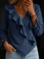 Close-up detail of linen-blend V-neck blouse featuring elegant ruffles and bell sleeves. - S / Tops / Navy Blue