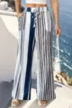 Casual striped wide leg pants for women with drawstring waist and pockets summer beach wear - S / Bottoms / White Blue Striped