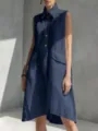 Detail view of the elegant sleeveless linen-blend dress featuring front buttons and pockets. - Navy Blue
