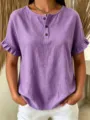 Women's cotton linen short sleeve blouse with button front and cute ruffle cuffs for summer. - Purple