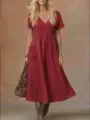 Elegant red V-neck short sleeve midi dress with pockets and side buttons for women casual wear. - S / Dresses / Burgundy