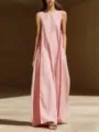 Women summer linen sleeveless loose color block stripe maxi dress elegant casual wear - Pink