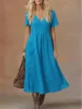 Casual blue v-neck short sleeve midi dress with side buttons and pocket detail for women. - S / Dresses / Blue