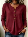 Women casual V-neck long sleeve cotton linen blouse with big buttons and stylish front pleats. - S / Tops / Burgundy