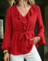 Elegant red long sleeve V-neck blouse featuring double ruffle collar and waist tie detail. - Red