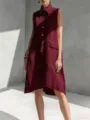Summer solid color lapel sleeveless casual loose cotton midi dress for women detail view. - S / Burgundy