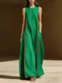 Women's Summer Linen Sleeveless Casual Long Dress with Contrast Side Stripes and Pockets. - S / Dresses / Green