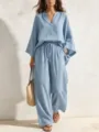 Casual light blue linen two-piece set featuring a relaxed V-neck top and wide-leg pants. - Sky Blue