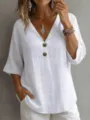 White v-neck button-down cotton linen blouse, half sleeve loose casual top for women detail. - Size S-3XL / Tops / White