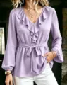 Elegant lavender long sleeve V-neck ruffle blouse with tie waist for women trendy top - S / Violet