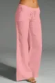Details of pink linen casual wide leg pants with comfortable drawstring waist design. - S / Bottoms / Pink