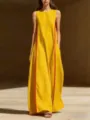 Close-up detail of the women's yellow linen sleeveless maxi dress with striking red side stripes. - S / Dresses / Sunflower Yellow