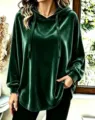 Dark green velvet long sleeve hoodie featuring a cozy drawstring and relaxed fit design. - Dark Green