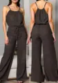 Textured spaghetti strap jumpsuit with drawstring waist and wide-leg design for casual wear. - S / Dark Gray