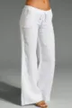 White linen drawstring wide-leg casual pants for women, comfortable breathable summer style. - White