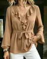Elegant V-neck long sleeve blouse for women featuring double ruffle collar and waist tie. - S / Camel