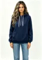 Vista dettagliata della felpa con cappuccio blu navy tinta unita con mezza zip e tasca frontale. - Blu navy