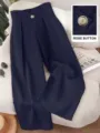 Women high waist wide leg trousers casual fashion pants with chic button detail for daily wear. - S / Navy Blue