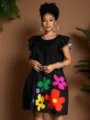 Black short sleeve casual dress featuring vibrant colorful floral print for women fashion. - S / Black