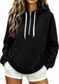 Women casual solid color half zip hooded sweatshirt detail view, comfortable fleece hoodie. - S / Black