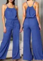 Textured spaghetti strap jumpsuit featuring a waist drawstring and draped wide-leg design. - S / Sapphire Blue