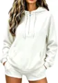 Casual white half-zip hoodie and shorts set, comfortable everyday women's sportswear detail. - S / White
