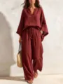 Detail shot of wine red linen two-piece set, V-neck loose top and wide-leg drawstring pants. - S / Top And Bottom / Burgundy