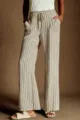 Casual striped linen pants with drawstring waist and deep side pockets for summer. - S / Bottoms / Khaki Striped
