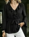 Black long-sleeve V-neck ruffled blouse with tie waist, elegant women's top for casual wear. - Black