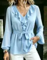 Elegant light blue V-neck long sleeve blouse featuring ruffle collar and waist tie detail. - S / Sky Blue