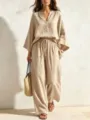 Casual linen two-piece set featuring a loose V-neck top and wide-leg drawstring trousers. - Apricot
