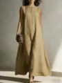 Khaki sleeveless maxi dress detail, V-neck slit and front pocket design for casual wear. - 3XL / Dresses / Khaki