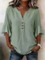 Women Casual V-Neck Button Ruffle Sleeve Blouse Cotton Linen Loose Green Shirt Top - S / Tops / Bean Green