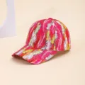 Unisex red printed baseball cap with feather pattern, stylish curved brim outdoor sun hat. - Peacock Blue, Red and Yellow Feathers
