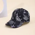 Black printed baseball cap with stylish graffiti and tie-dye design for casual outdoor wear. - Dark Purple and Black Paisley