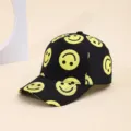 Black baseball cap with yellow smiley face print, casual fashion sun hat for men and women. - Dark Brown Black Yellow Smiley Face