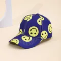 Blue baseball cap with yellow smiley face print, stylish sunshade hat for daily wear. - Patterned Navy Blue and Yellow Smiley Face