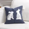 Fodera per cuscino con coniglietto pasquale, copricuscino blu in lino con conigli. - 45x45cm / Blu scuro