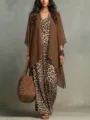 Leopard print long slip dress with brown chiffon cardigan two-piece set, chic detail style. - S / Set / Coffee / Leopard Print
