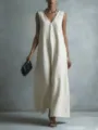 Casual V-neck sleeveless solid color maxi dress detail, elegant summer fashion style. - S / White