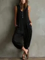 Sleeveless hooded jumpsuit detail, featuring button front, side pockets and elastic cuffs. - S / Black