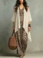 Leopard print long dress with white chiffon cardigan two-piece set, elegant detail view. - S / Set / Apricot / Leopard Print
